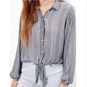 American Eagle striped button front top blouson sleeve waist tie M
